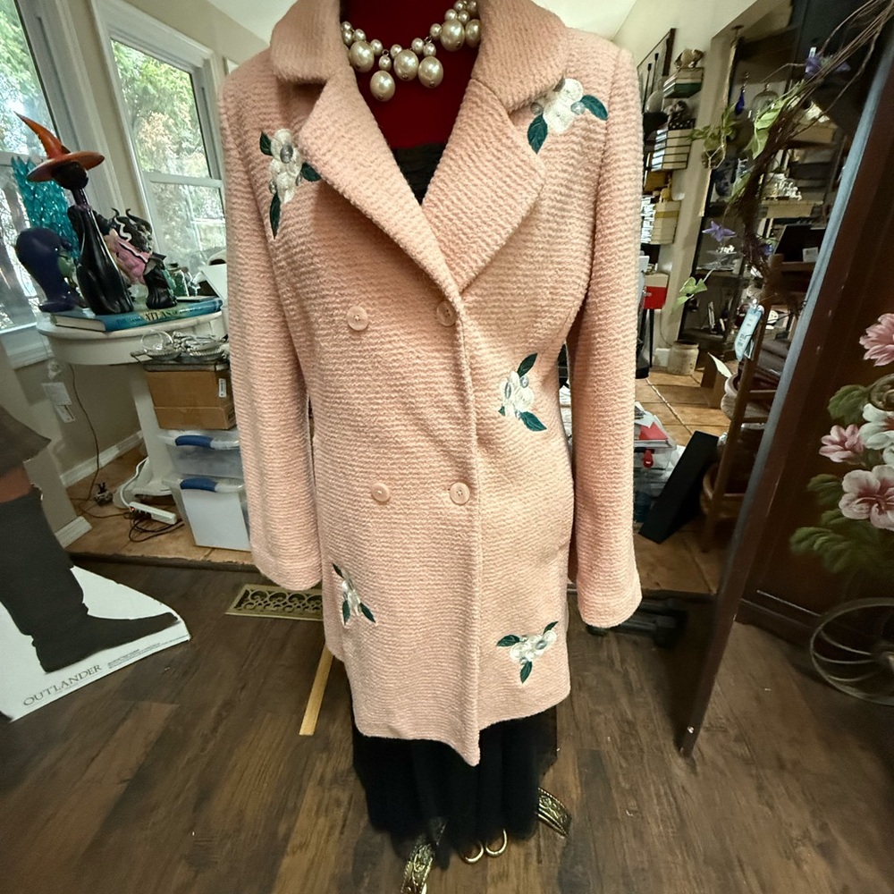 LC Lauren Conrad Blush Pink Double-Breasted Embroidered Pea Coat